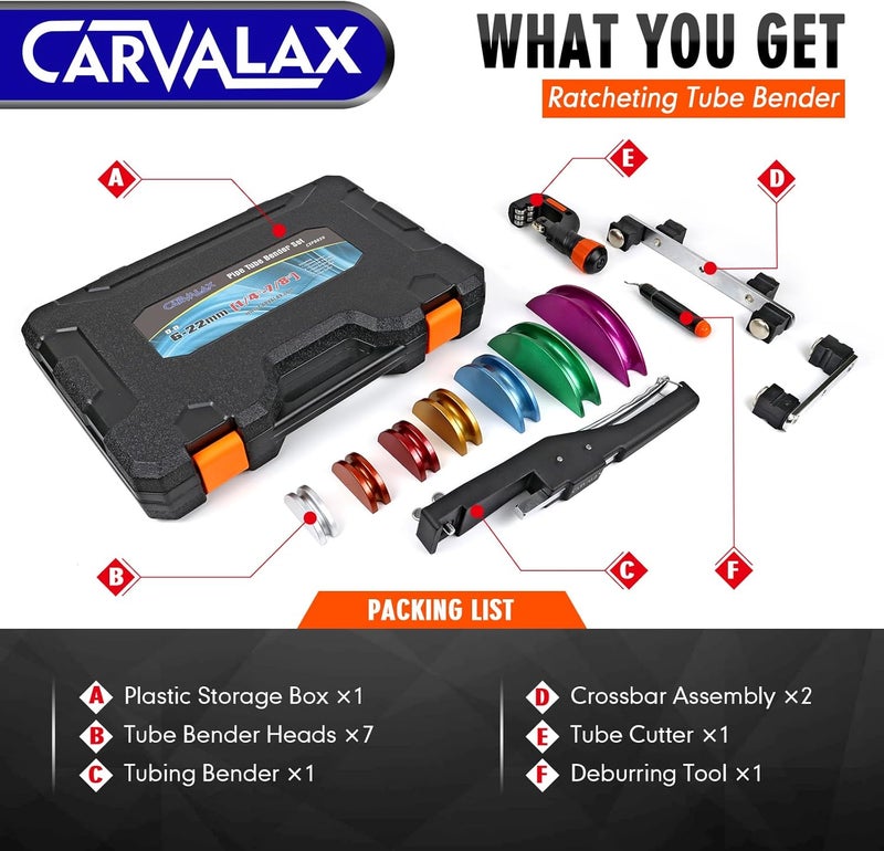 CARVALAX 90° Ratcheting Pipe Tube Bender Set: 1/4" to 7/8" O.D. with 7-Color Aluminum Heads – LITE MODEL (No Reverse) with Tube Cutter & Deburring for HVAC, Air Conditioning and Hydraulic Applications - Image 3